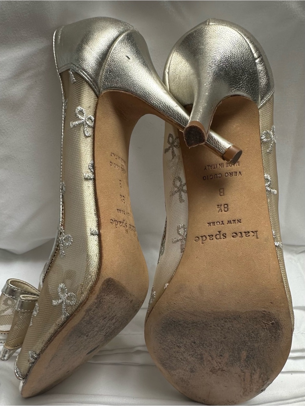 Kate Spade Calina Silver Mesh Bow Open Toe Heels Size 8 1/2 $328 - Picture 3 of 5